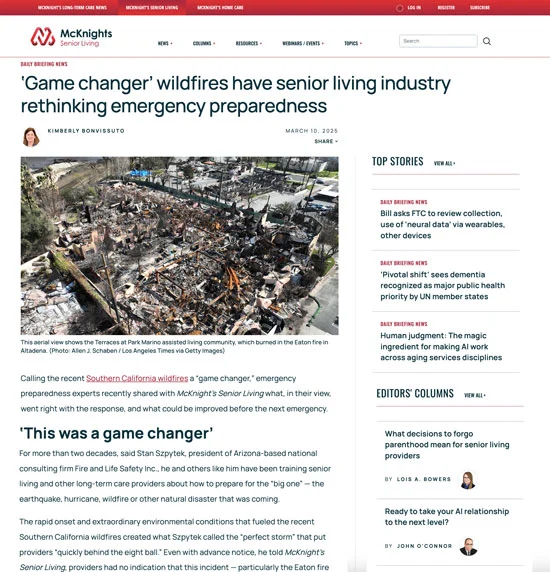 Screenshot of McKnight’s Senior Living article “‘Game changer’ wildfires have senior living industry rethinking emergency preparedness,” featuring Glenn Thomas on lessons learned and strengthening disaster readiness.